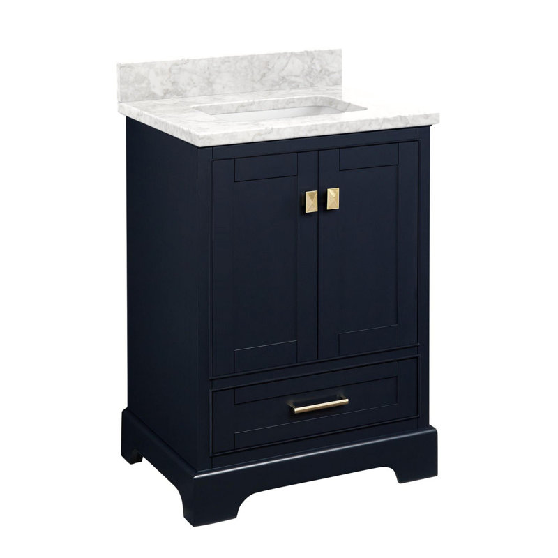 Quen 24" Freestanding Single Basin Vanity Set with Cabinet, Vanity Top, Midnight Navy Blue, Carrara Marble, No Faucet Holes