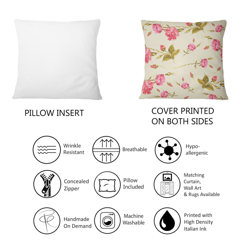 Vintage Roses And Wild Flowers Onbeige -1 Patterned Printed Throw Pillow