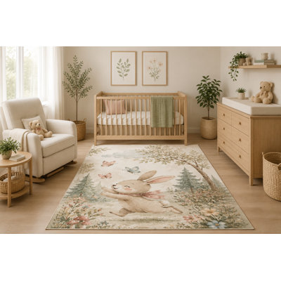 "Ultra Lightweight" 5'x7' Woodland Bunny Area Rug, Watercolor Forest Rabbit with Butterflies Floral Nursery Kids Bedroom Decor, Non-Slip Silicone Backing Low Pile Indoor Carpet