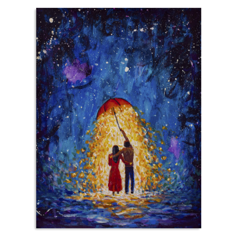 Couple in Love Walks Under Glowing Umbrella - peinture sur toile, H 32 po x l 16 po x P 1 po, Bois de pin