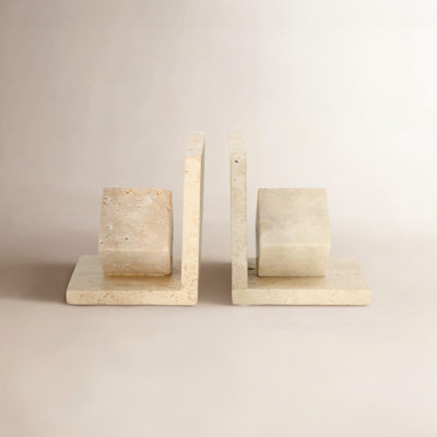 Set Of 2 6" Travertine Cube On Base Bookends, Tan
