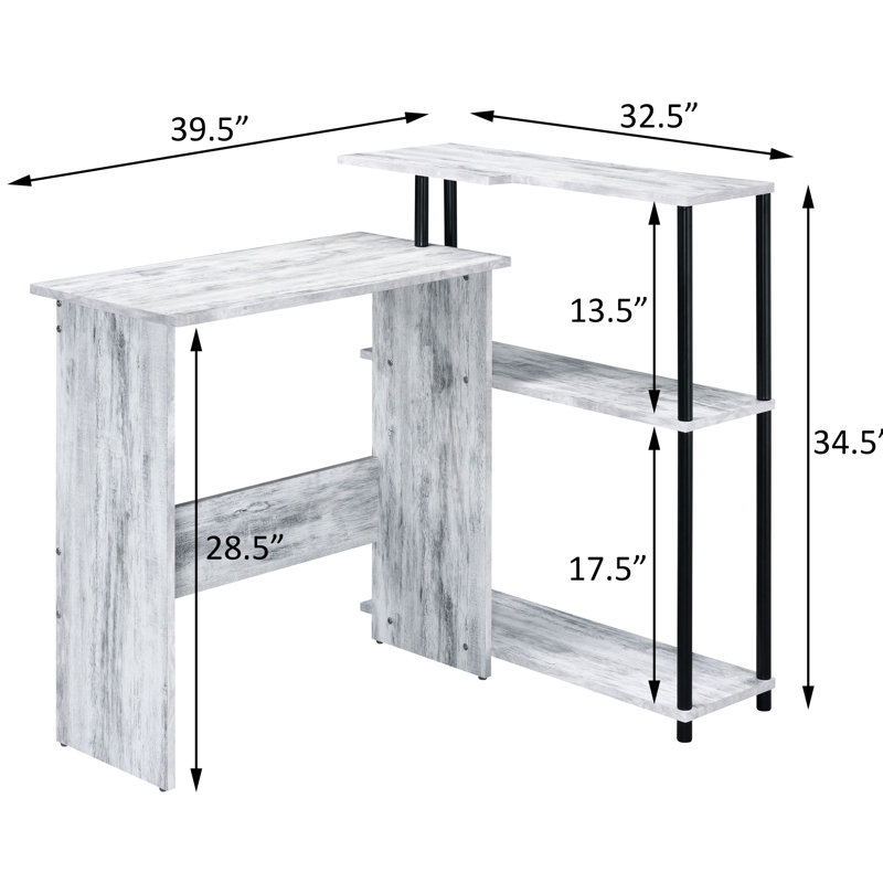 Bureau d'écriture rectangulaire avec 3 tablettes pratiques et une tablette latérale en blanc antique noir pour un bureau spacieux en forme de L