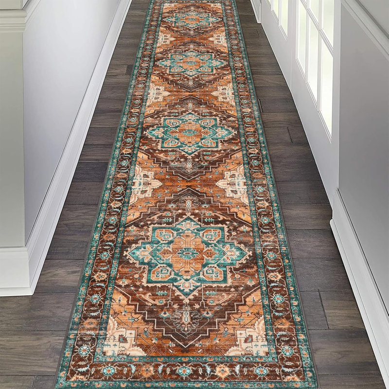 Area Rug, Brown/Red/Teal, Runner 2' x 10'