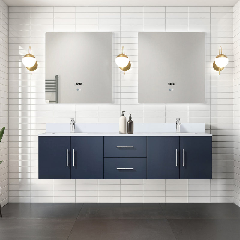 Meuble-lavabo double 72 po X P 22 po D, dessus en quartz blanc et ensemble de robinet, Marine