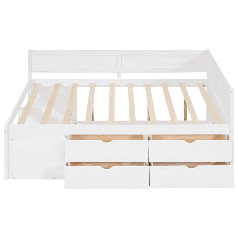 Lit de jour blanc avec tiroirs et tablettes, structure pleine grandeur en bois massif pour une chambre attrayante avec une disposition de tiroir efficace