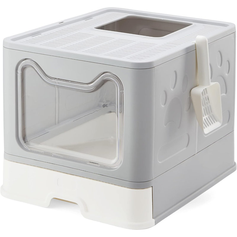 Bac à litière pliable pour chat avec couvercle, grand bac à litière anti-éclaboussures avec pelle à litière, bac à litière pour chat en plastique avec tiroir