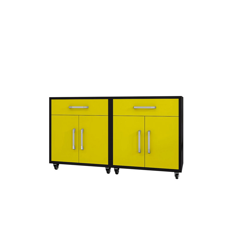 Eiffel 28" Modern Mobile Garage Cabinet Set with Drawers and Removable Shelves in Yellow, Black/Yellow