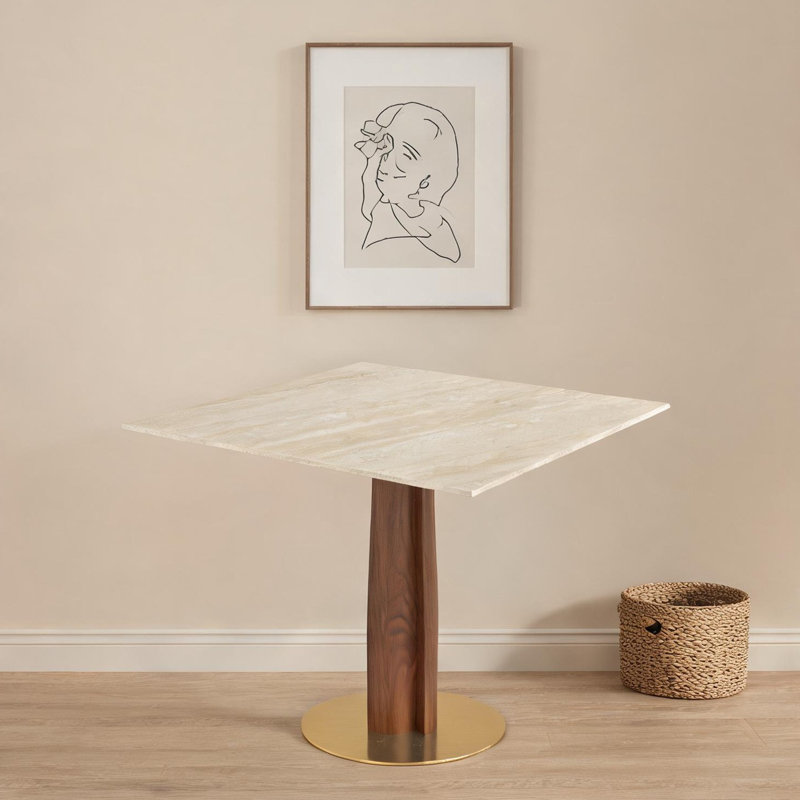 Small-Space Square Dining Table with Soft White Sintered Stone Top, Gold and Wood Pedestal Base, Seats 2