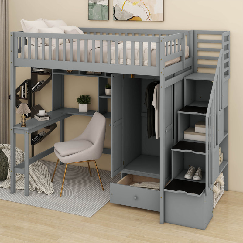 Lit mezzanine simple avec bibliothèque, tiroirs, bureau et garde-robe, gris