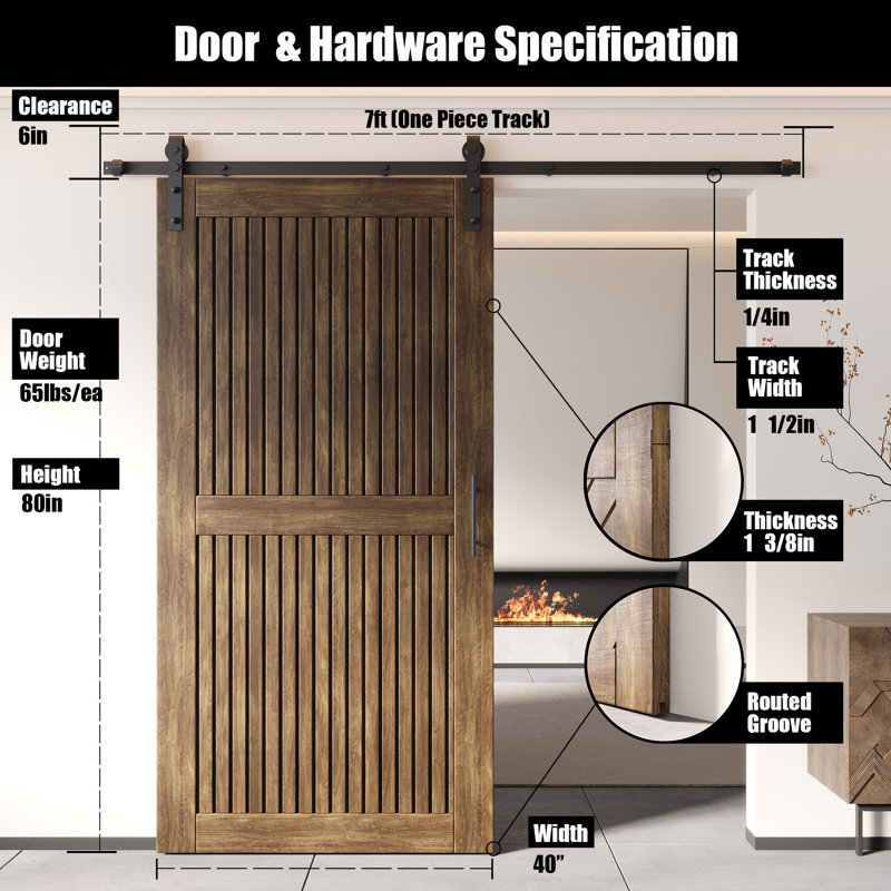 Porte de grange à rayures verticales non assemblée et non assemblée en noyer foncé 40 po x 80 po Homacer de Homacer, avec rail d'installation de 7 pi, usage intérieur seulement