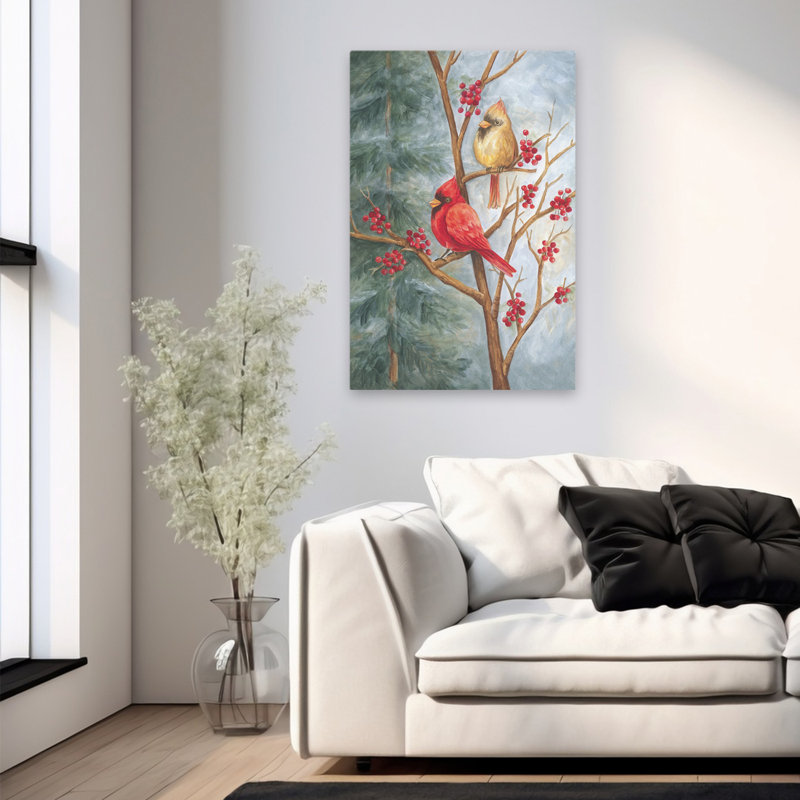 Cardinals in Berry Tree - Art contemporain avec cardinal, H 36 po x l 24 po