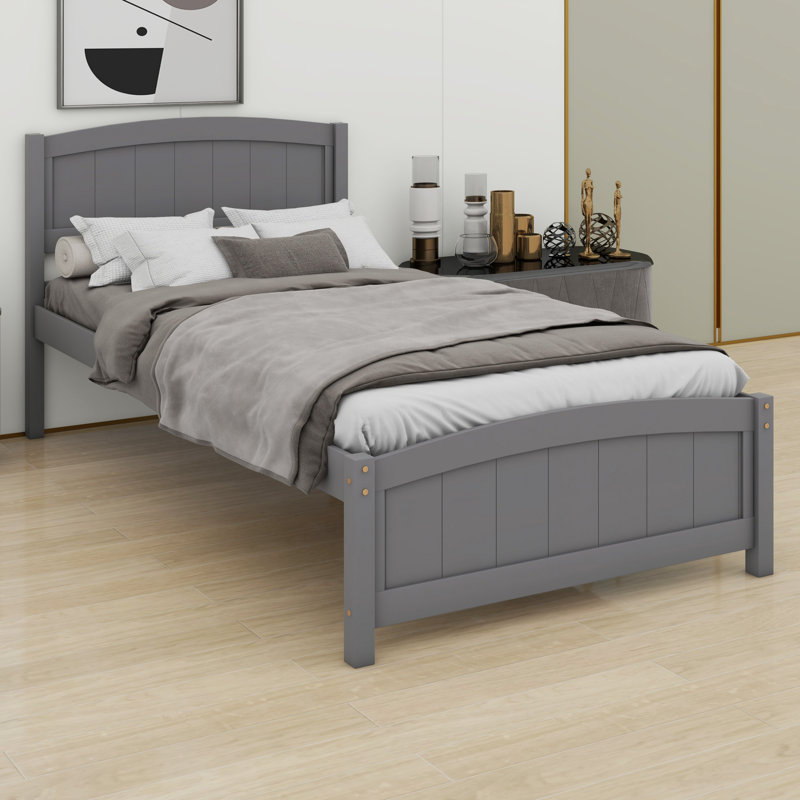 Lit plateforme en bois avec tête de lit, pied de lit et lattes en bois, Gris