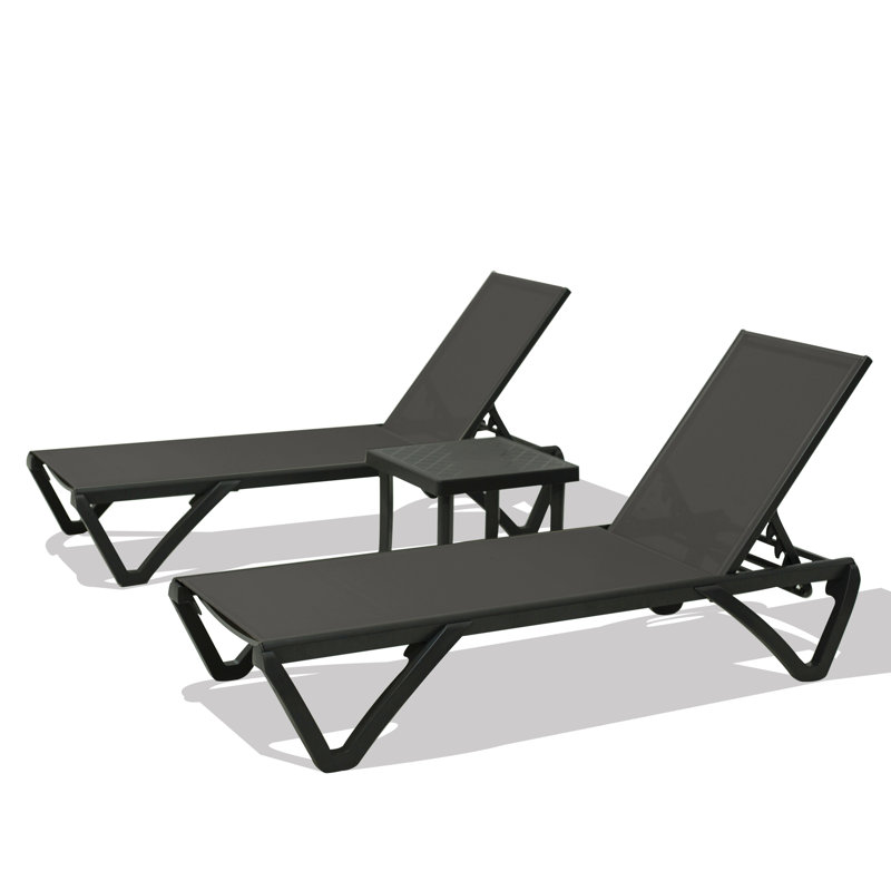 Pool Lounge Chairs Set Of 2 With Side Table, Aluminum Adjustable Outdoor Chaise Lounge With Wheels, All Weather Poolside Chairs For Deck Lawn Patio Backyard, PVC-coated polyester- Dark Gray