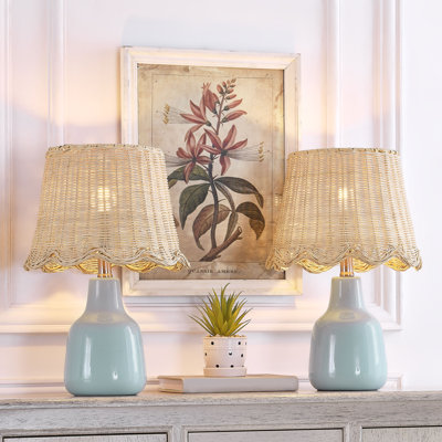 16.5" Coastal Country Blue Ceramic Table Lamp Handwoven Rattan Shade for Bedroom Living Room