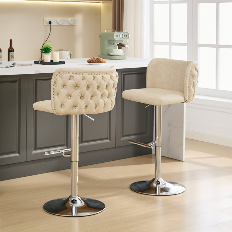 Jeneanne Upholstered Adjustable Height Counter Stool, Beige Leather, Chrome