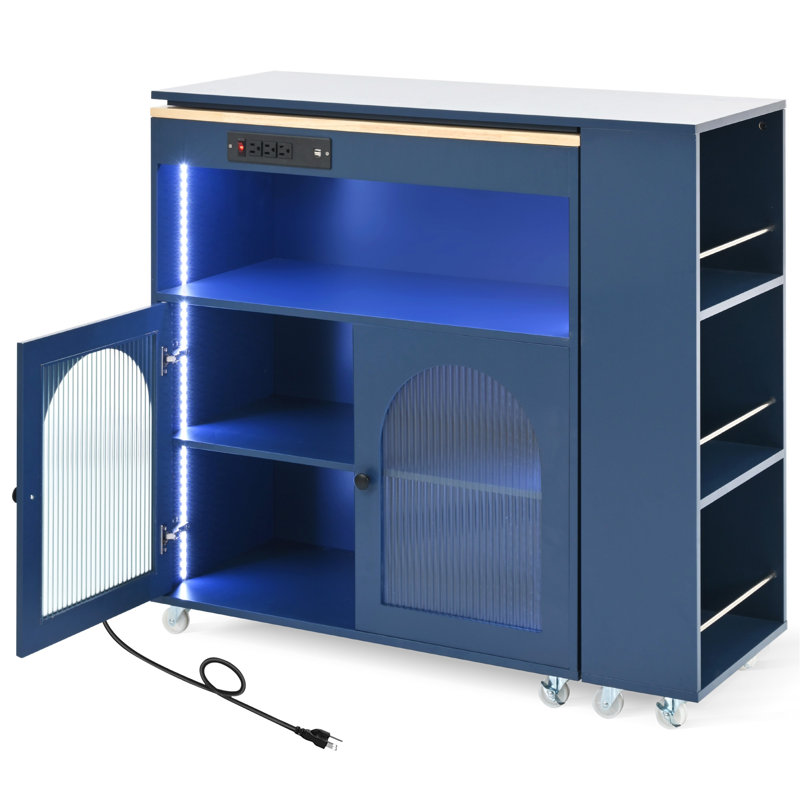 Navy Blue Rolling Kitchen Island with Fluted Glass Doors