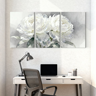Ensemble de 3 tableaux muraux sur toile tendue à motif floral de pivoines blanches