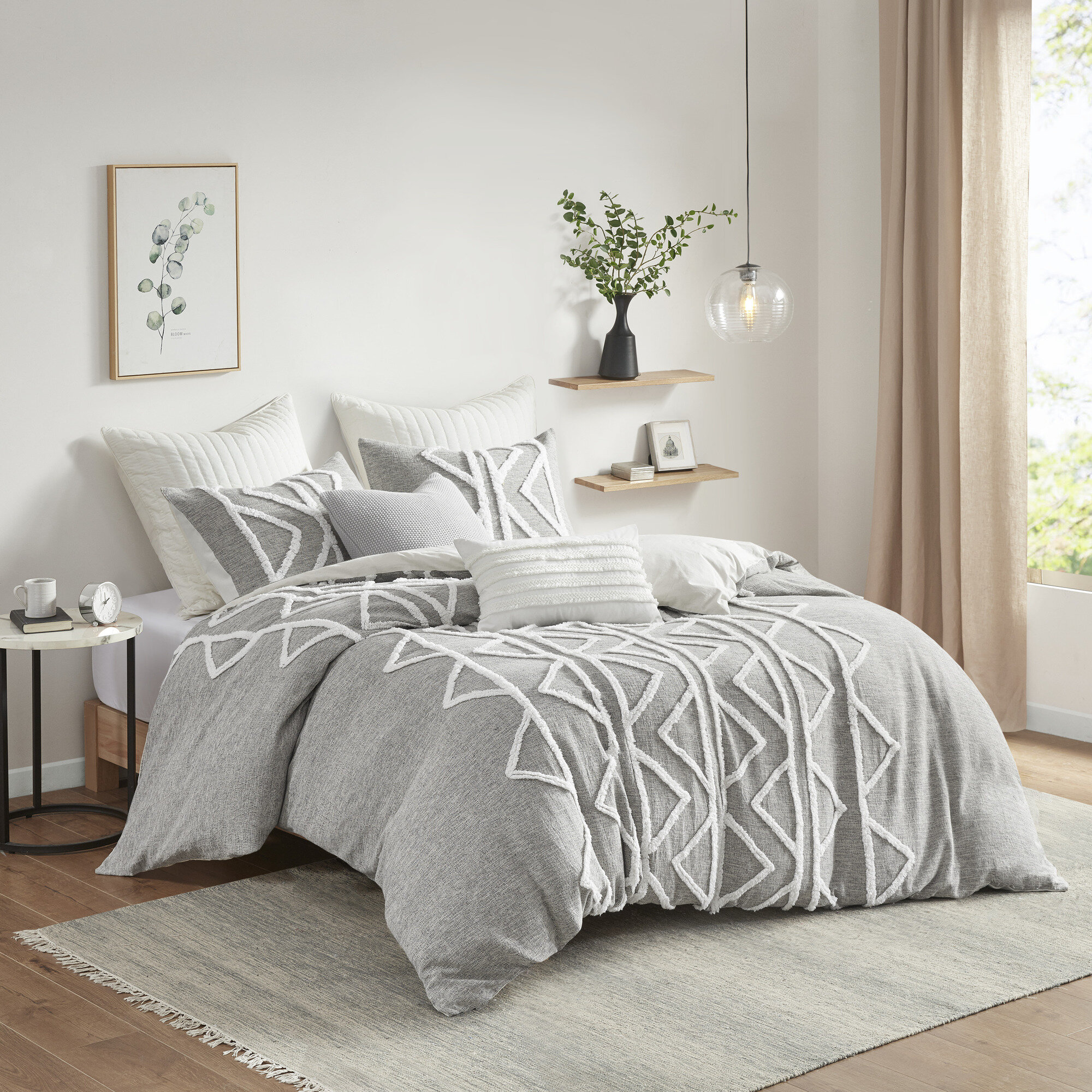 Grey and white bedding