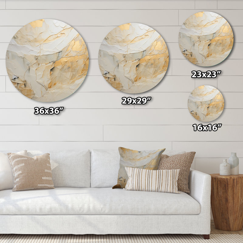Beige et or, pierre glaciaire Simplicity II - art mural rond abstrait en métal, H 16 po x l 16 po