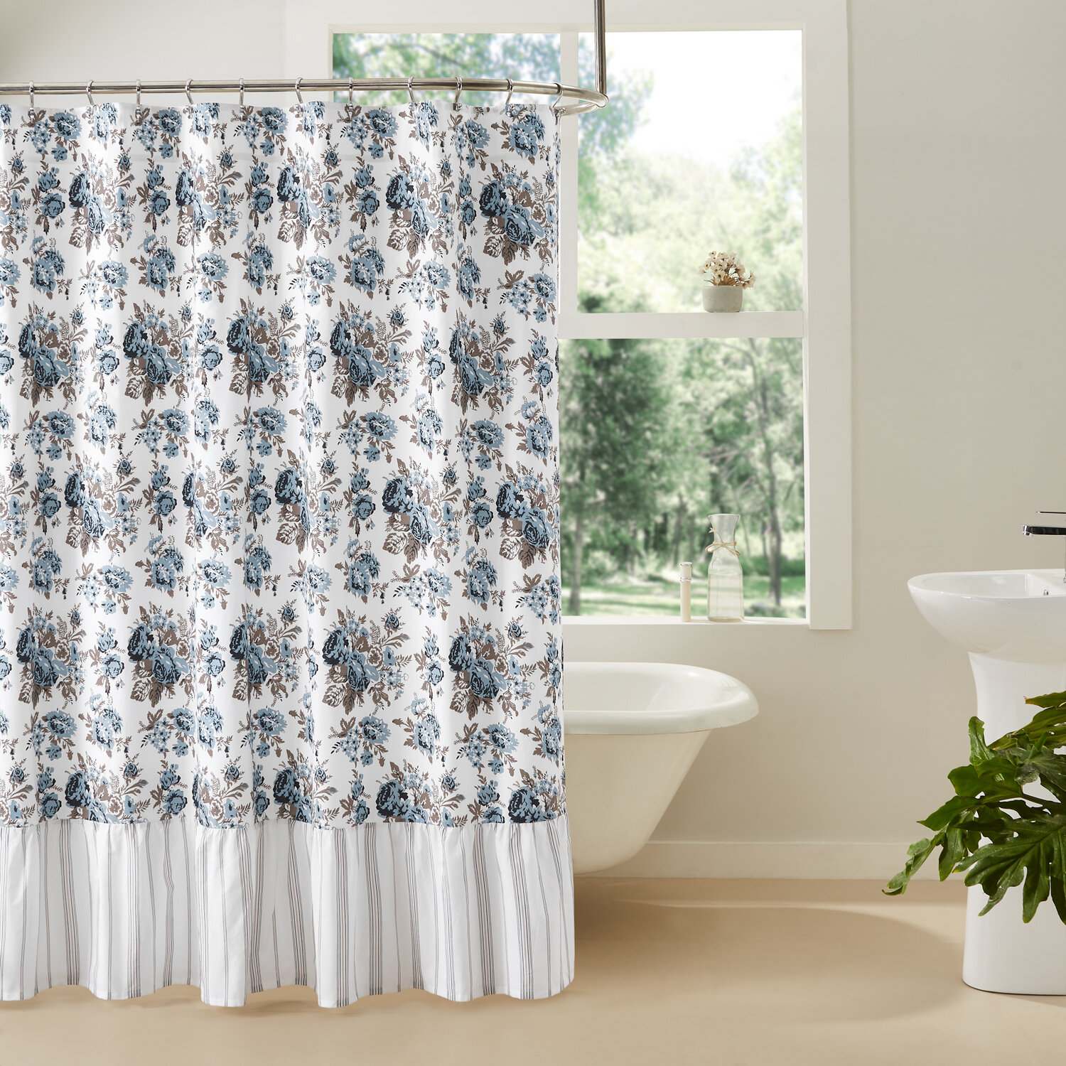 Shower Curtain 72 in. White Ruffled Farmhouse Bath Decorative 12-Hook  Buttonhole