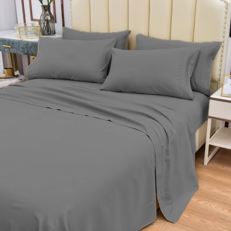 Premium Rayon From Bamboo 6 Pc Sheet Set With Deep Pockets, Cooling, Gray, Twin Sheet Set with 2 Pillowcases