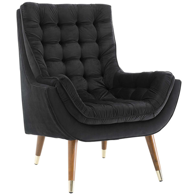 Suggest Button Tufted Upholstered Velvet Lounge Chair, Black