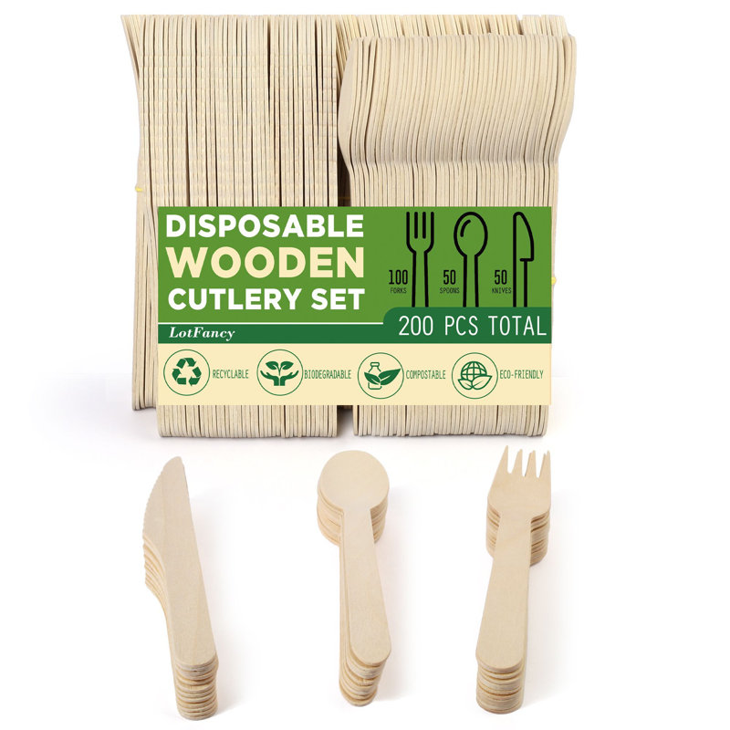 Ensemble d'ustensiles compostables Lotfancy 200 pièces, ensemble de couverts jetables en bois, 100 fourchettes, 50 cuillères, 50 couteaux