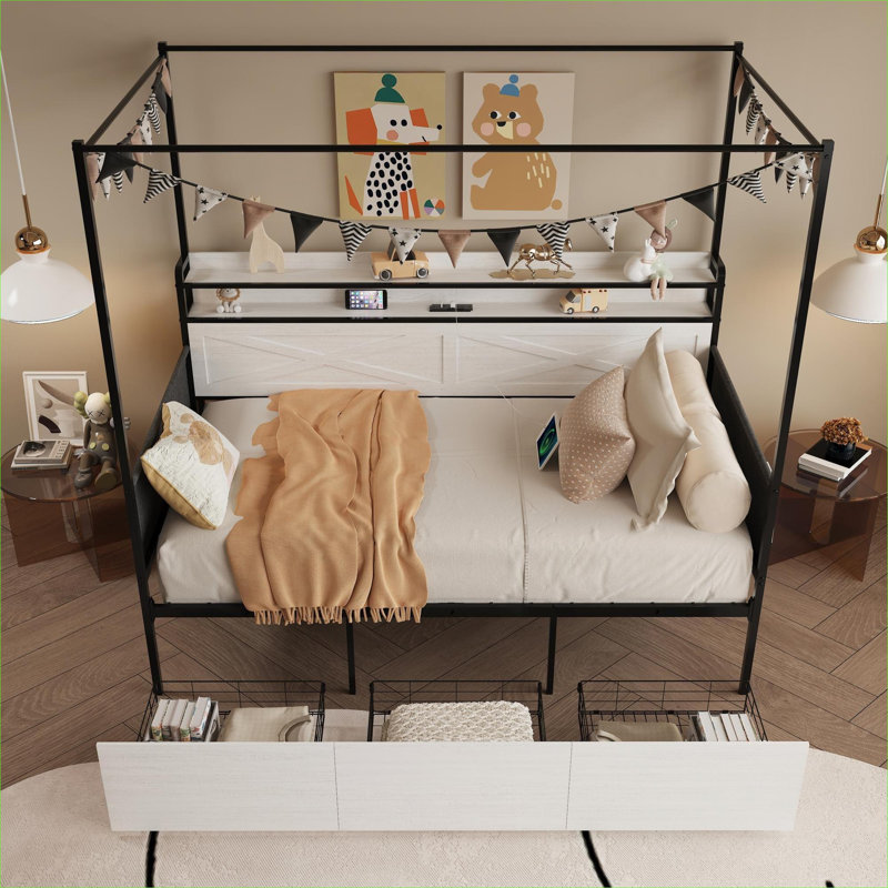 Structure de lit simple pour chambre à coucher avec panneau de fibres à densité moyenne blanc doux et fabrication en métal avec lumières DEL de rangement sous le lit et station de charge