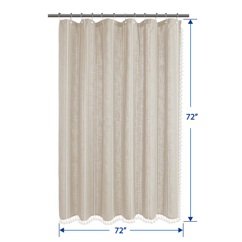 Linen Textured Striped Shower Curtain Tassels With Shower Hooks, Linen