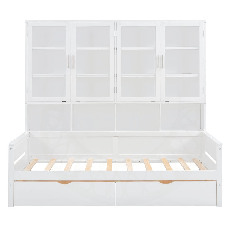 Lit de jour 2 tiroirs avec armoires de rangement éclairées, Lit simple, Blanc