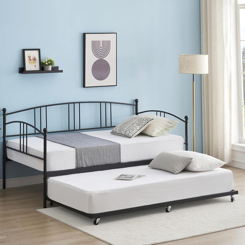 Twin Rectangular Twin Metal Daybed With Trundle, Sofa Bed Frame With 6 Casters And Steel Slat Support, Black