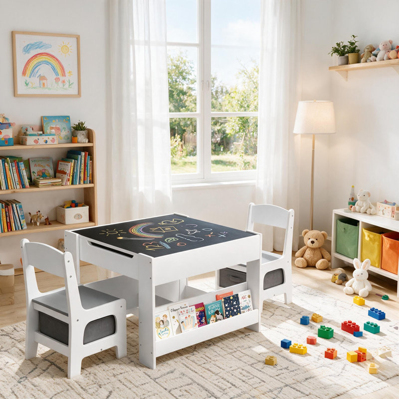 Kids Table And Chairs Set, 4 In 1 Toddler Art Desk With Storage Drawer, Wooden Activity Deskboard, Blackboard, Reversible & Detachable Tabletop, Bookshelf For Drawing, Playing, Learning(gray)