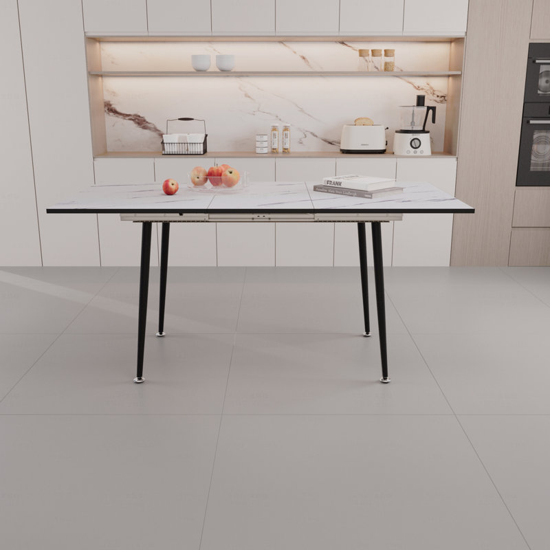 47" Expandable To 63" " Mdf Square White Marble Patterned Dining Table, Modern Industrial Kitchen And Dining Table
