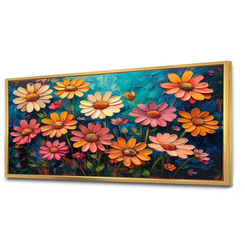 Collage de jardin multicolore «I» - marguerites, Cadre flottant doré, H 28 po x l 60 po