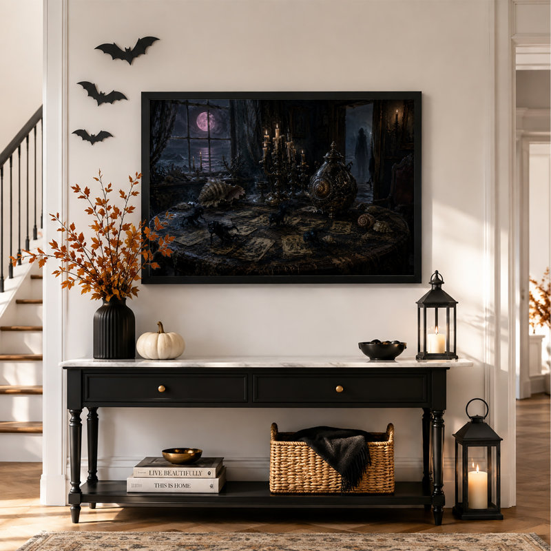 " Tarot Cards And Candles With Moonlit Sea Halloween " Painting Print, H 16 po x l 24 po