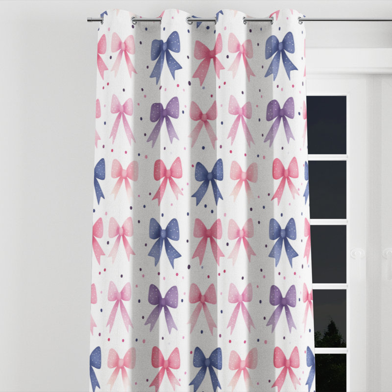 French Country Window curtains - Pink Teens Ribbon Dots Grommet Curtain - 1 Panel, 52" W x 84" L, Silver Grommets