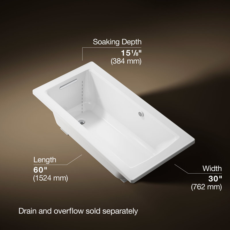 Archer Drop-In Bath with Bask Heated Surface and Reversible Drain, White