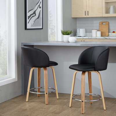 Tabouret de comptoir à hauteur fixe avec pivot en bois et similicuir avec repose-pieds rond en métal - ensemble de 2