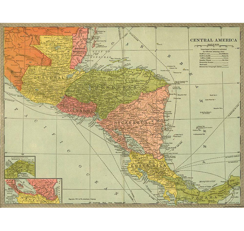 Cartes rétro, art: Panama, Costa Rica, Hondouras, Guatamala, Salvador, Honduras britannique, 1903, H 28 po x l 36 po