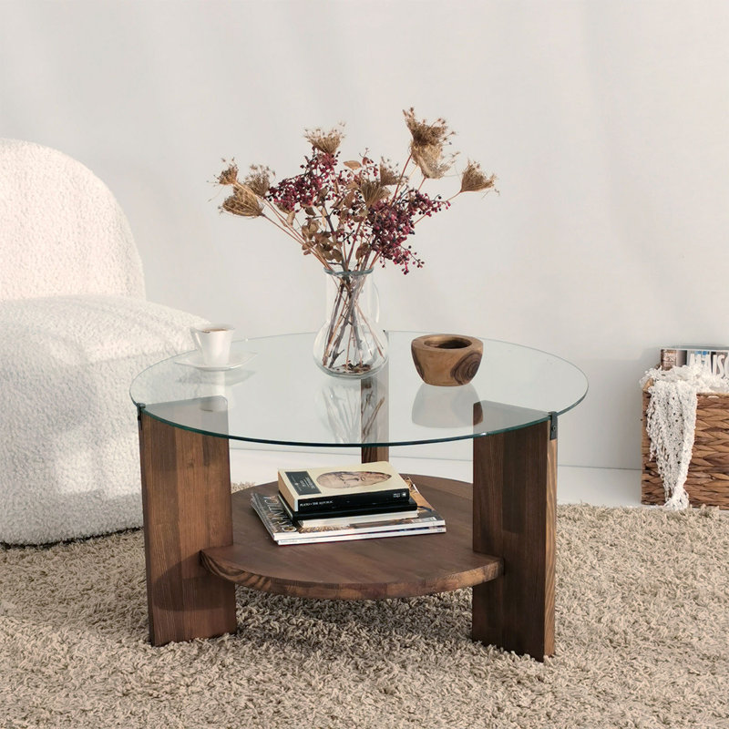 Modern Coffee Table with 100% Tempered Glass Top, Walnut Color, 29.5 x 15.7 x 29.5 inches | Sturdy 100% Pine Solid Wood Frame | Stylish and Durable Design for Living Room, Contemporary Home Décor, Easy Assembly, Elegant Addition to Any Space