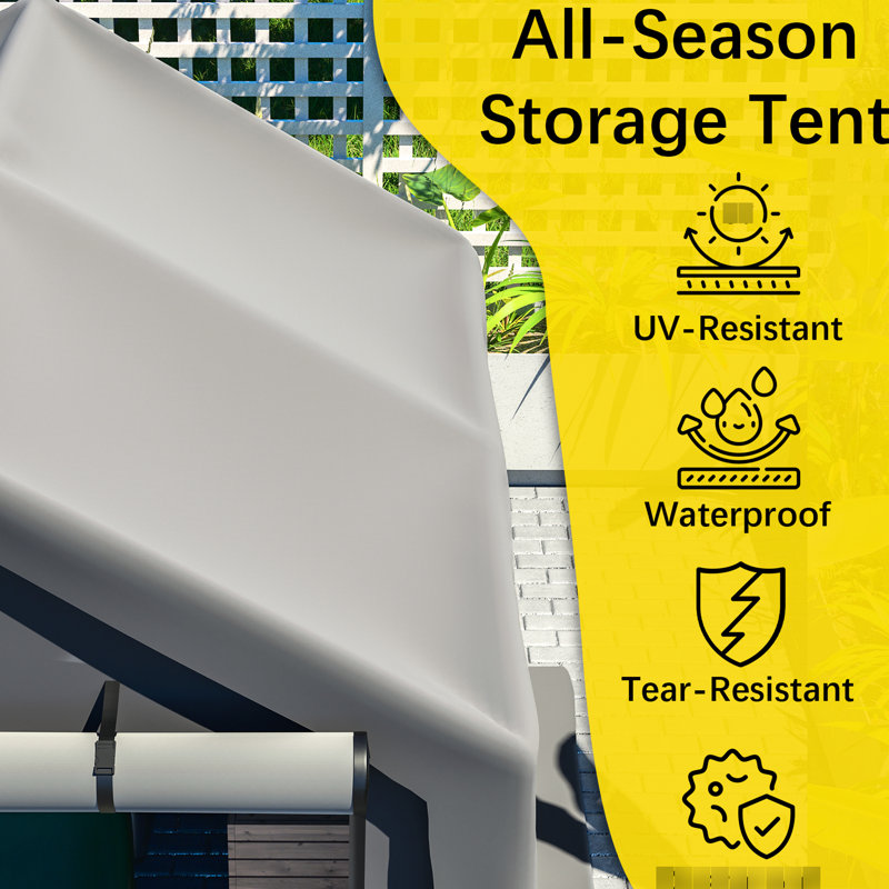 Abri extérieur multifonctionnel 8 pi x 8 pi, sangles de fixation imperméables et coupe-vent, ancrages au sol renforcés, guide de montage intuitif, toit incliné et protecteur pour la pluie, assemblage modulaire,