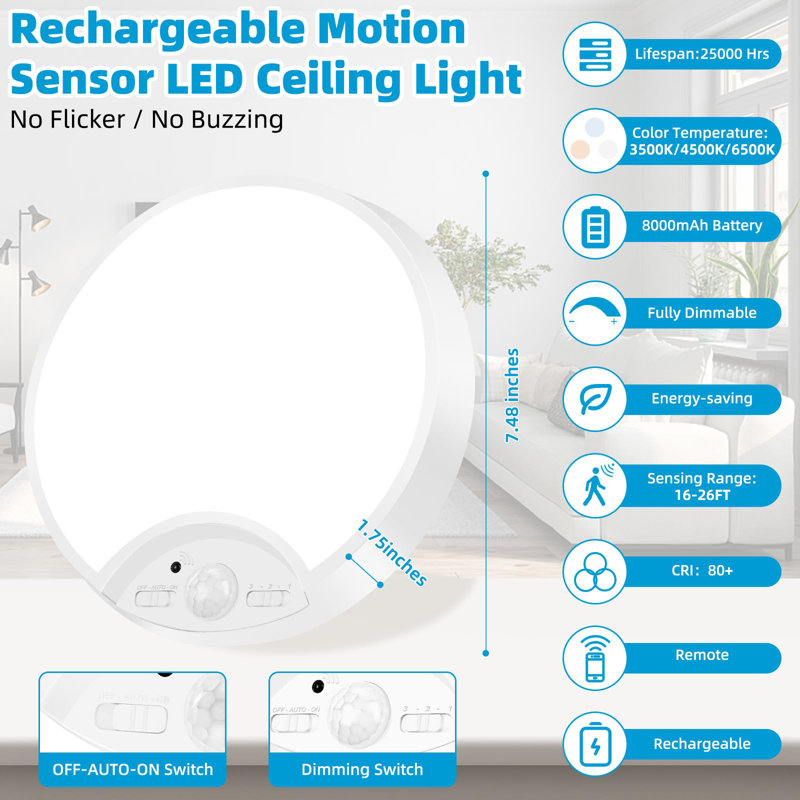 Plafonniers rechargeables à capteur de mouvement, luminaire à piles avec télécommande, lumière de douche pour douche intérieure