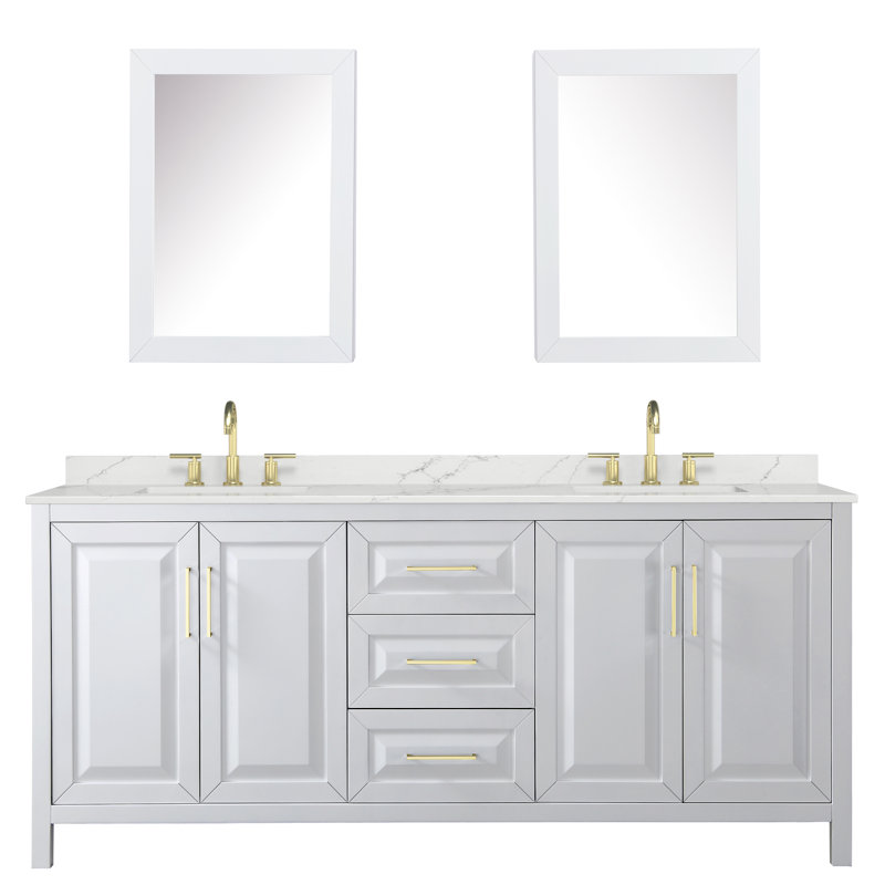 Daria 80 in. with Mirror Vanity, White Quartz, White, Brushed Gold