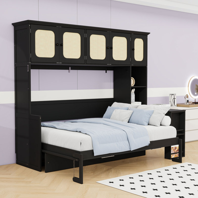 Lit escamotable double en bois avec bureau intégré, Noir