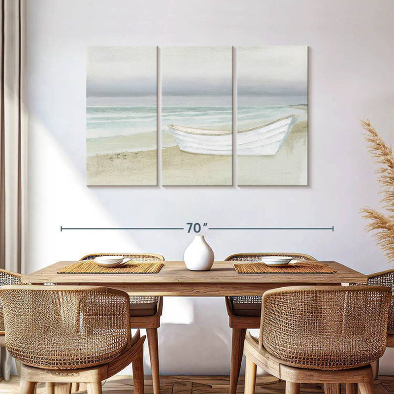 Mehar serein bord de mer avec bateau, H 36 po x l 57 po