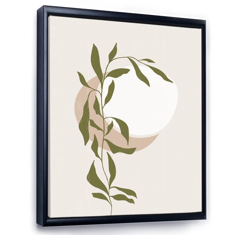 Abstrait soleil et lune avec feuille verte III - Impression sur toile, H 40 po x l 30 po x P 1 po, Toile avec cadre noir