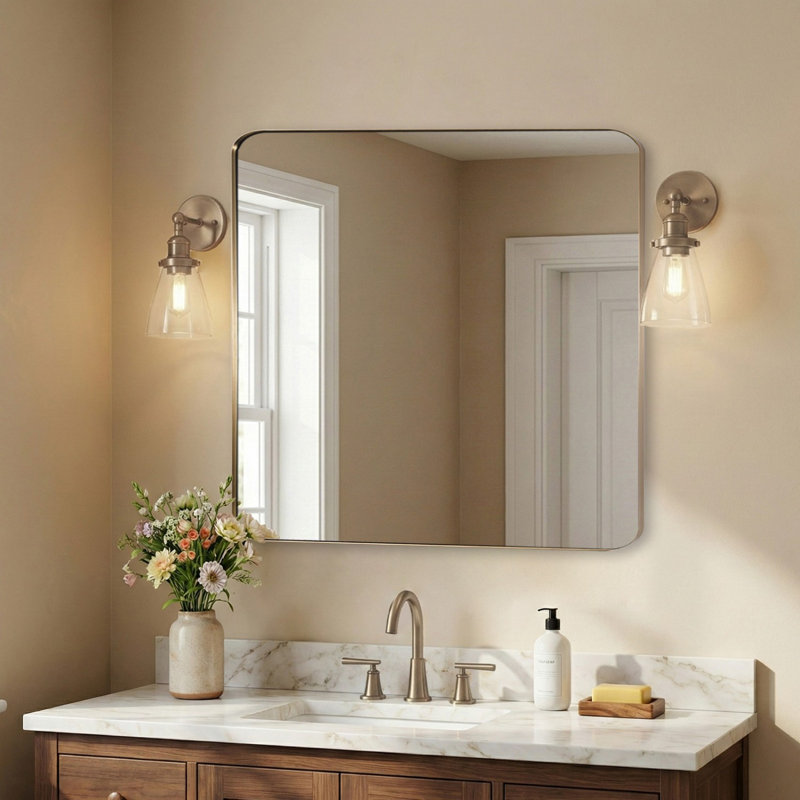 Inse Modern Rounded Rectangle Bathroom Vanity Mirror | Stainless Steel Frame, Champagne Bronze, 30" x 30"