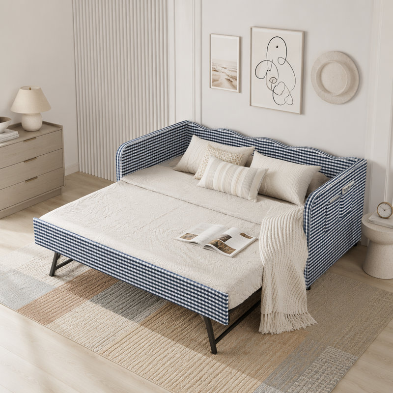 Lit de jour simple en vichy convertible 3 en 1 avec couchette et poches de rangement, Dark Blue