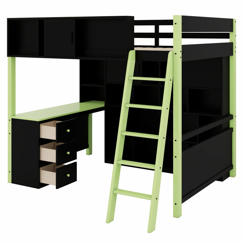 Wood Loft Bed With Desk, Ample Storage Space And Light, Green