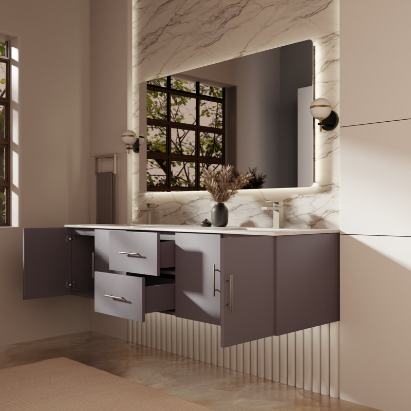 Ensemble de meuble-lavabo double mural 72 "avec miroir Geneva, Gris foncé, Quartz blanc